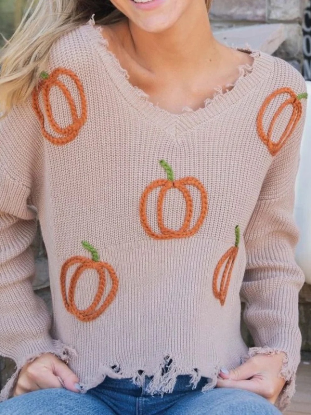 Simply Southern |  Mocha V-Neck Pumpkin Embroidered Sweater Sz XL